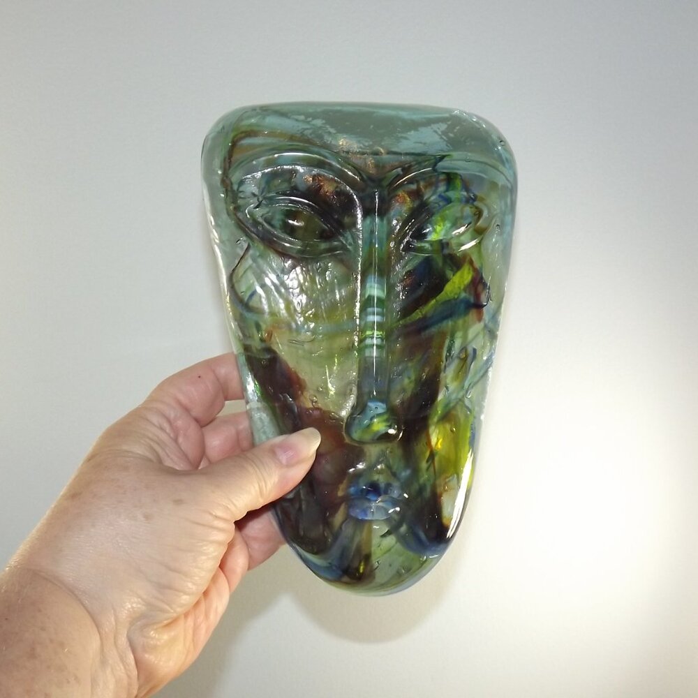 Vintage Art Glass Face Jaramillo Brothers Skydreamer Style Art with Brass Stand - Picture 9 of 10